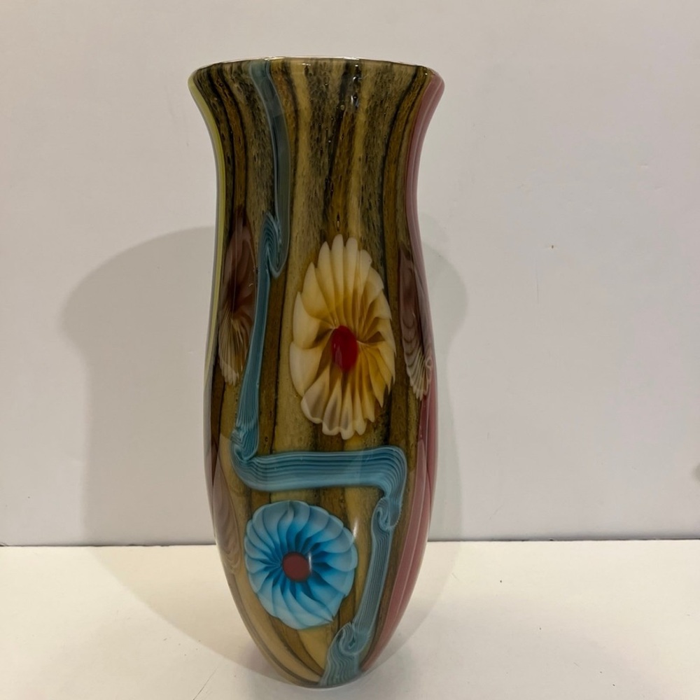 Murano Art Glass Vase Large 15" Floral Swirl Multicolor Rainbow Hand B…